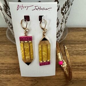 Betsey Johnson Gold and Hot Pink pencil earrings and bangle set